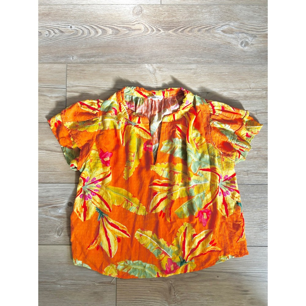 Haute Hippie Style Womens Large Orange Tropical Floral Rayon Flutter Sleeve Top